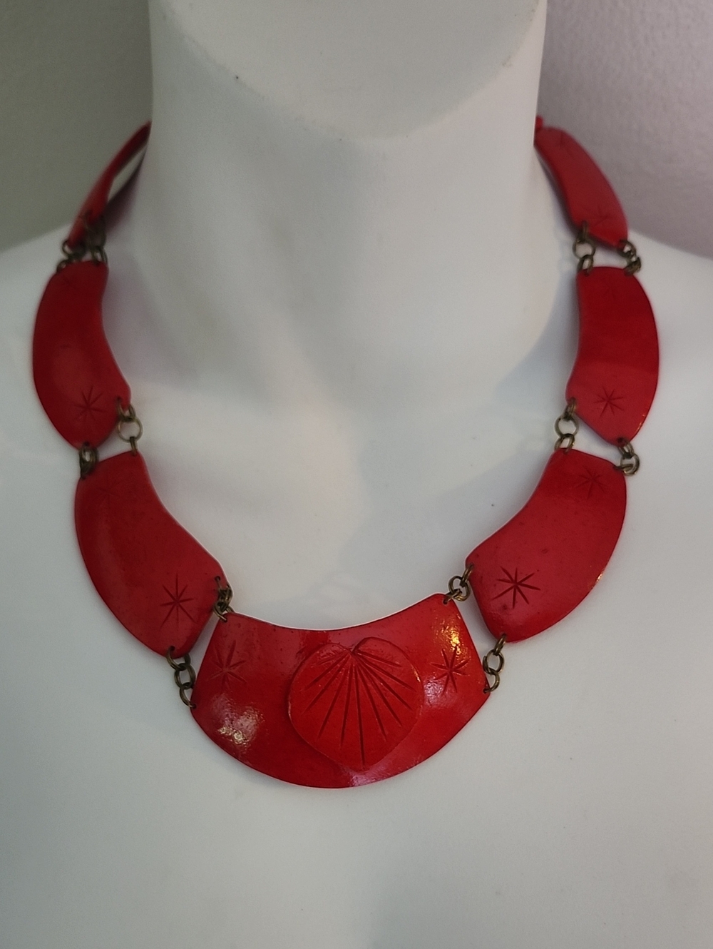 Wooden Engraved Star & Heart Red Statement Bib Necklace